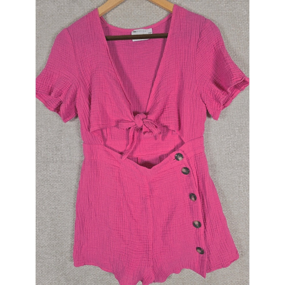 ASOS DESIGN Hot Pink Textured Cotton Gauze Tie Front Cutout Romper Womens Size 8